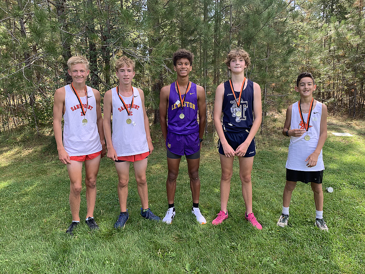 Pictured are top finishers in the Post Falls River Run boys freshman race. From left are Kai Budensiek, Wyatt Lemon, Ian Franklin, Joseph Sateren and Josiah Wells.