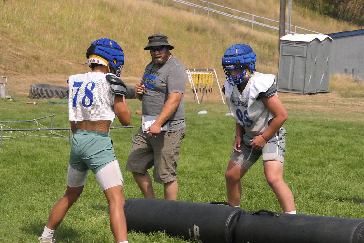 Head football coach Jared Koskela works with his team as they prepare to take on the Conrad Cowboys this Friday night in Conrad. (Chuck Bandel/VP-MI)