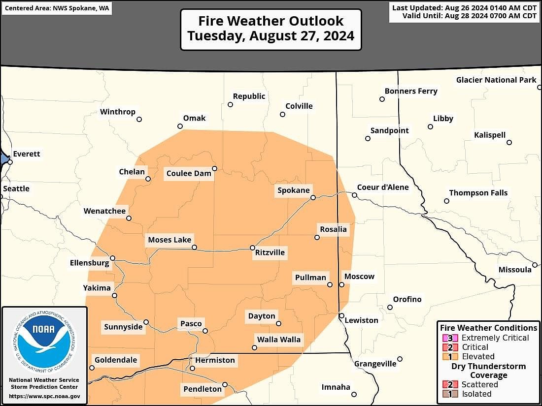 fires have the potential to spread quickly on the orange part of the map during Tuesday’s cold front. There is a full burn ban in effect and the National Weather Service wants to remind people to be mindful of things that can start a wildfire, especially with elevated conditions.