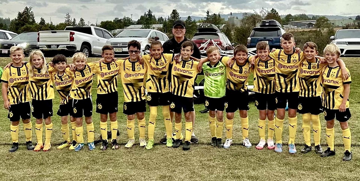 Courtesy photo
The BVB International Academy CDA boys U11 black soccer team took third place in the Gold Division of the Empire Cup last weekend at Plantes Ferry Sports Complex in Spokane Valley. Players from left are Maverick Paine, Stein Berk, Ronan Neri, Isaac Estep, Declan Cleave, Grayson Higgins, Steele Steenstra, Jack Harrison, Ezra Herzog, Rylan Nitti, Kash Tucker, David Hartley, Ben Erickson and Carter Dance; and rear, coach John O’Neil.