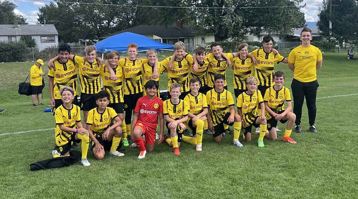 Courtesy photo
The ﻿BVB International Academy CDA boys U15 soccer team placed third in the Gold Division of the Empire Cup last weekend at Plante's Ferry Soccer Complex in Spokane Valley. In the front row from left are Tripp Dewitt, Josue Contreras, Mateo Ethan Mariano, Caleb Wurster, Weston Borges, Dillon Matheson, Jaxon Dewitt and Carter Lloyd; and back row from left, Sebastian Guitron, Elias Herzog, Michael Steffani, Soren Vedel, Xavier Tierney, Jaxon Haynie, Bennett Anderson, Logan Siahaya, Holden Loustalot, Kenton Susca and coach Bailey O’Neil.