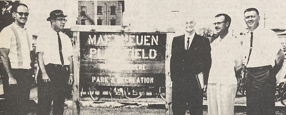 In 1965, the city honored Mae McEuen by renaming Mullan Park after her. Pictured are, from left, future mayor Don Johnston, chamber president Virgil Thompson, widower Virgil McEuen, Mayor Marc Souther and parks and rec director Red Halpern.