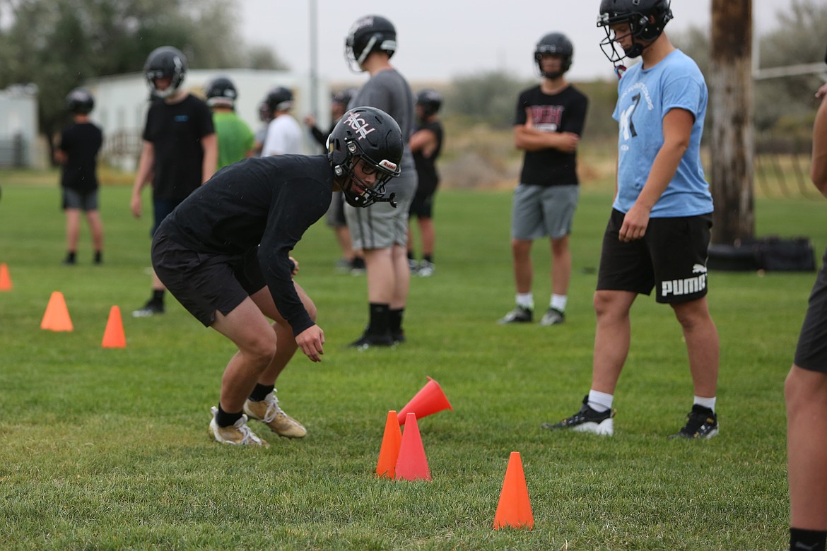 Almira/Coulee-Hartline junior Caden Correia participates in an agility drill during an August 23 practice in Coulee City.