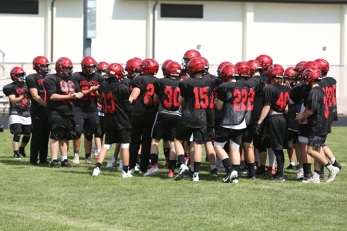 The Lind-Ritzville/Sprague football team huddles before the start of practice on Saturday. Head Coach Brendan Bermea said the team will roster 38 players this fall.