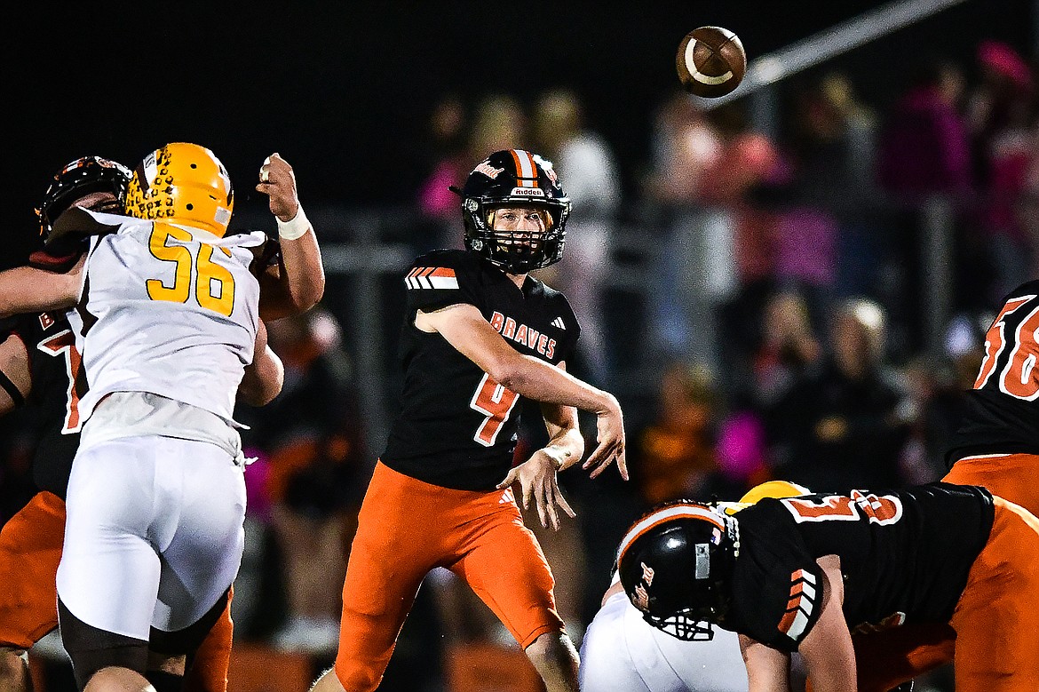 FLATHEAD QUARTERBACK Brett Pesola throws a pass against Helena Capital last fall. After splitting the starting duties in 2023, Pesola is QB1 for the Braves in 2024. (Casey Kreider/Daily Inter Lake)