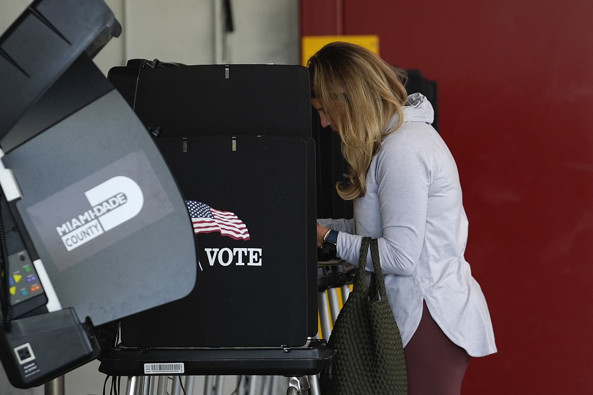 Voter Maria Mendoza completes her ballot for Florida's primary election behind a privacy screen, Tuesday, Aug. 20, 2024, at a polling place inside a fire station in Coral Gables, Fla. (AP Photo/Rebecca Blackwell, File)