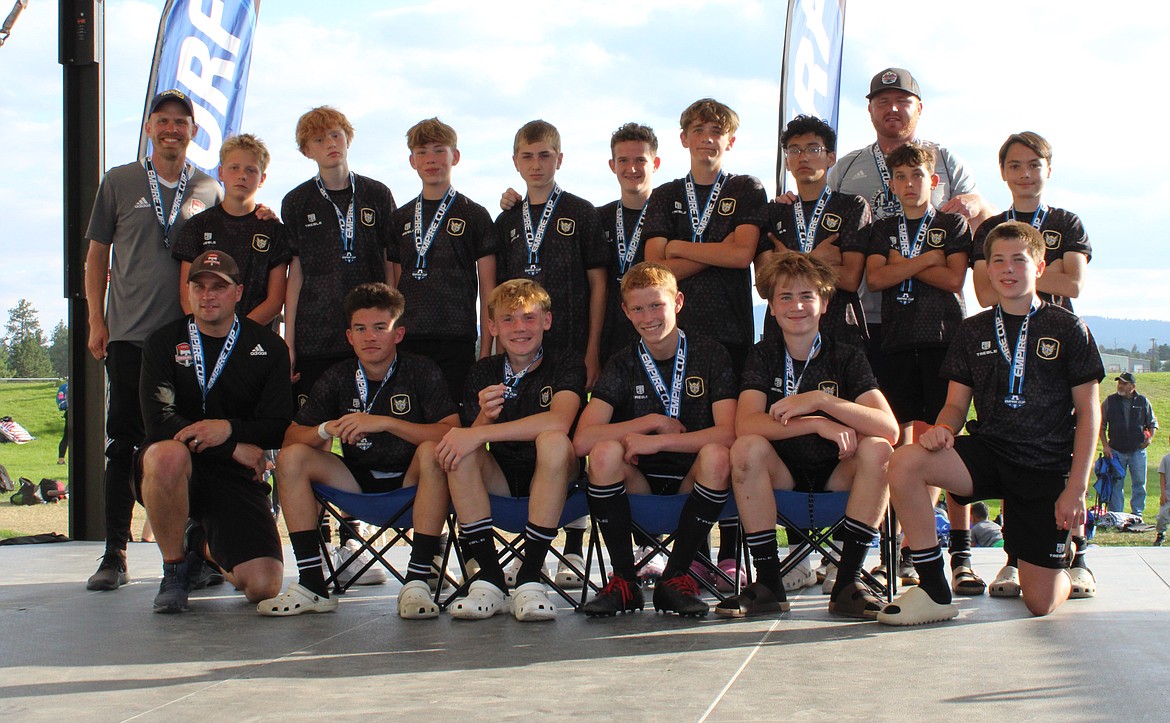 Courtesy photo
The Sting U15 boys soccer team took silver in the Silver Bracket at the recent Empire Cup Classic at Plante's Ferry Sports Complex in Spokane Valley. In the front row from left are coach Jon Baune, Jax Molenaar, Jameson Meyer, Eli Bardwell, Hunter Moss and Logan Rader; and back row from left, coach Landon Anderson, HP Pitsch, Alistar Smith, Isaac Jackson, Brodie Grimmet, Hudson Fremouw, Zach Burkwist, Leonardo Rubio, coach Stephen Jackson, Mason Cramer and Luca Ranca.