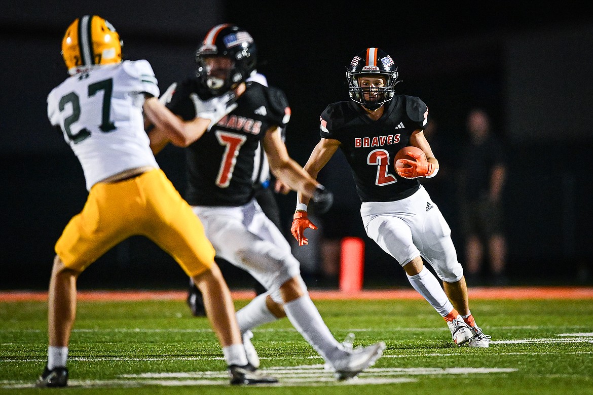 Flathead kick returner Ben Bliven (2) returns a kickoff in the second half against Great Falls CMR at Legends Stadium on Friday, Aug. 30. (Casey Kreider/Daily Inter Lake)