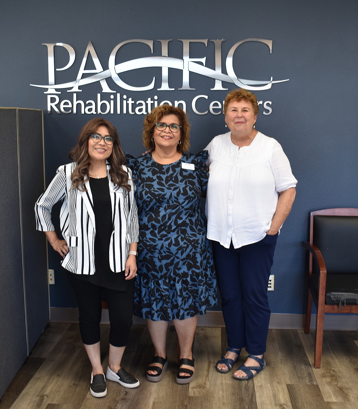 From left: Administrative Assistant Erika Garza, Clinic Administrator Susie Soto and Business and Program Development Director Bobbi Meins in the newly opened Pacific Rehabilitation Center in Moses Lake.