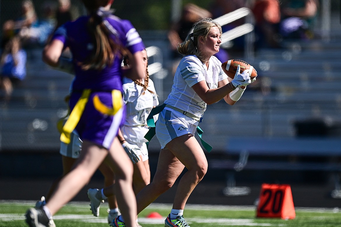 Glacier's Avery Riel (49) hangs on to a reception in the second half against Butte at the Kalispell Jamboree at Legends Stadium on Saturday, Aug. 31. (Casey Kreider/Daily Inter Lake)