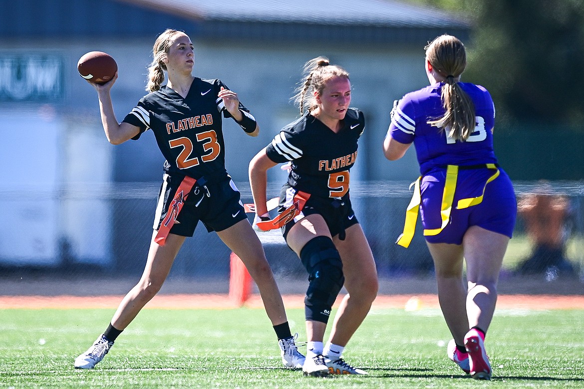 Flathead quarterback Julia Kay (23) drops back to pass in the first half against Butte at the Kalispell Jamboree at Legends Stadium on Saturday, Aug. 31. (Casey Kreider/Daily Inter Lake)