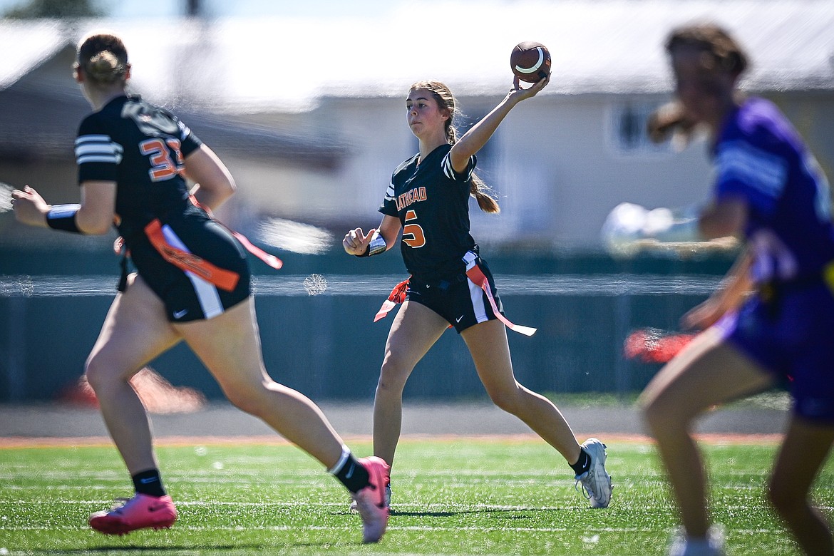 Flathead quarterback Kinsey Lake (5) drops back to pass in the second half against Butte at the Kalispell Jamboree at Legends Stadium on Saturday, Aug. 31. (Casey Kreider/Daily Inter Lake)