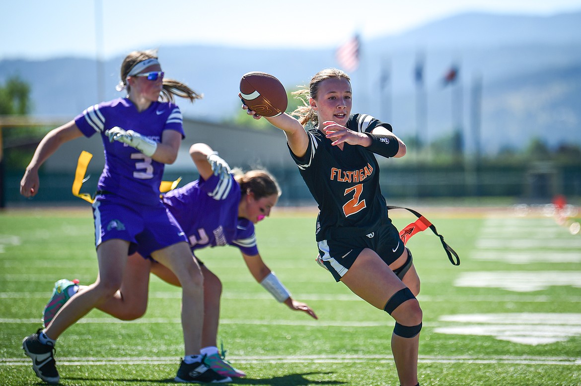 Flathead's Kenlie Roth (2) extends the ball across the goaline for a touchdown in the first half against Butte at the Kalispell Jamboree at Legends Stadium on Saturday, Aug. 31. (Casey Kreider/Daily Inter Lake)