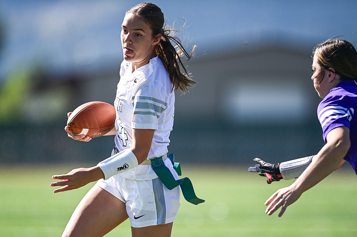 Glacier quarterback Karley Allen (14) runs for a touchdown in the first half against Butte at the Kalispell Jamboree at Legends Stadium on Saturday, Aug. 31. (Casey Kreider/Daily Inter Lake)