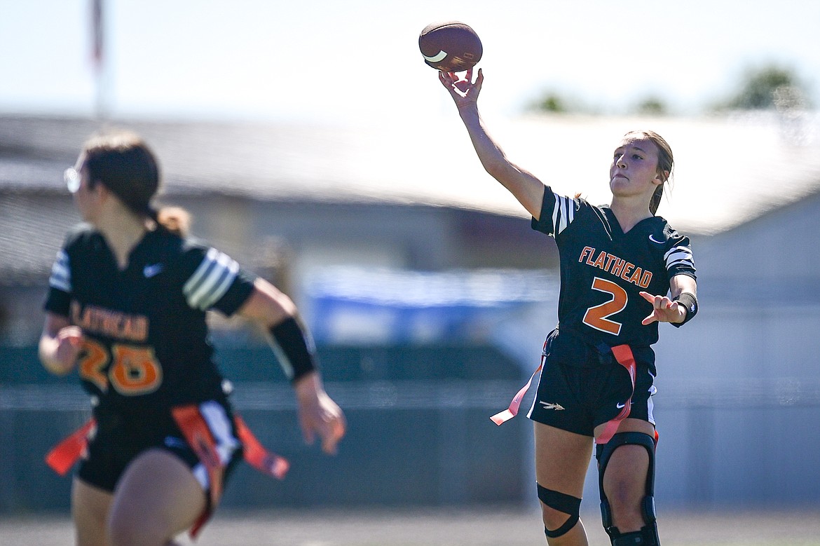 Flathead quarterback Kenlie Roth (2) drops back to pass in the first half against Butte at the Kalispell Jamboree at Legends Stadium on Saturday, Aug. 31. (Casey Kreider/Daily Inter Lake)