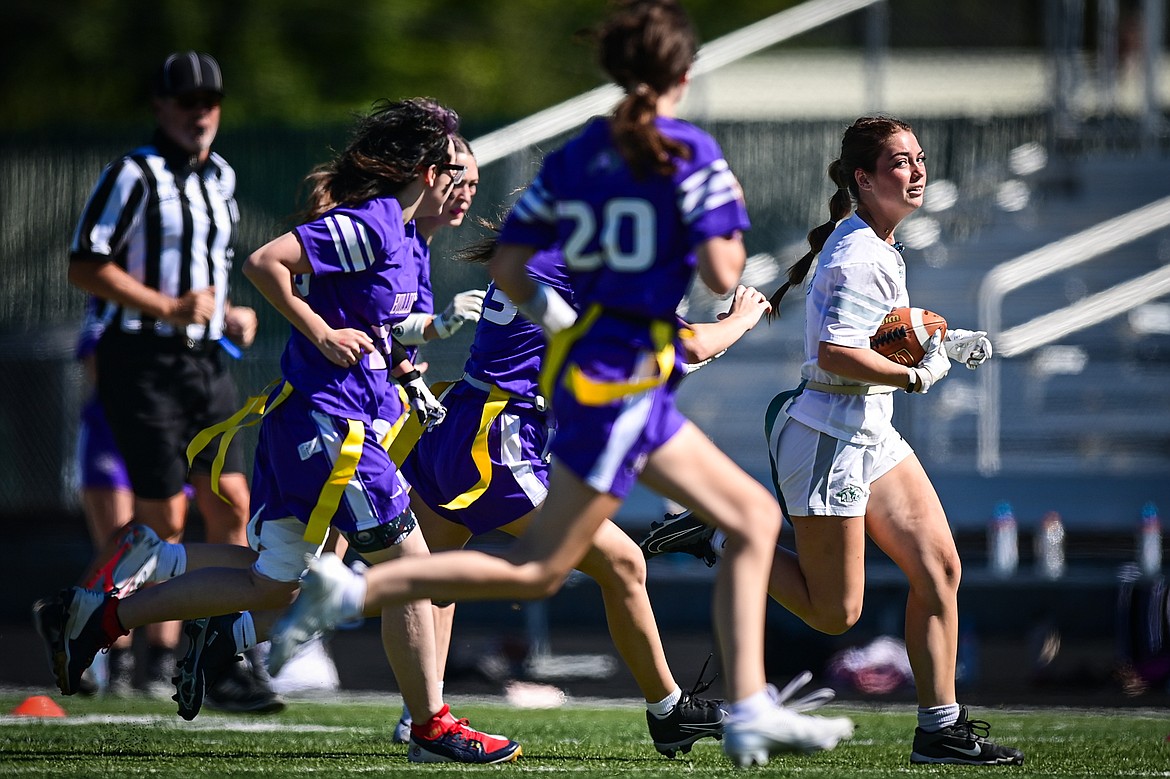 Glacier's Riley Frederick (6) takes off upfield after a reception in the second half against Butte at the Kalispell Jamboree at Legends Stadium on Saturday, Aug. 31. (Casey Kreider/Daily Inter Lake)