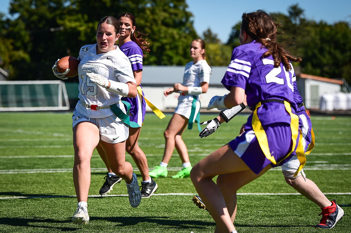 Glacier's Lanee Anderson (15) scores a touchdown on a reception in the second half against Butte at the Kalispell Jamboree at Legends Stadium on Saturday, Aug. 31. (Casey Kreider/Daily Inter Lake)