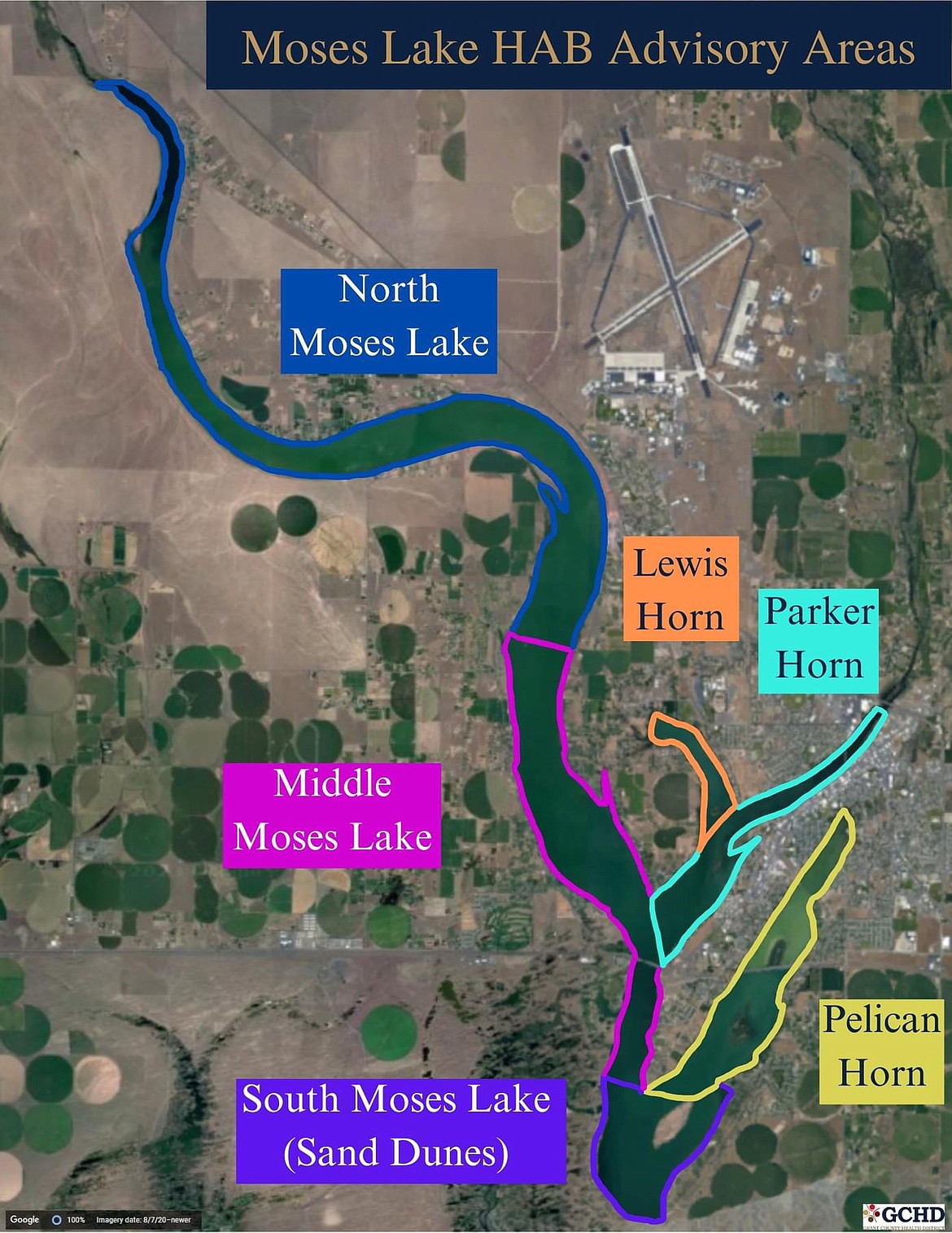 Photo of the different areas of Moses Lake. Currently there is an advisory for south Moses Lake which may have blue-green algae.