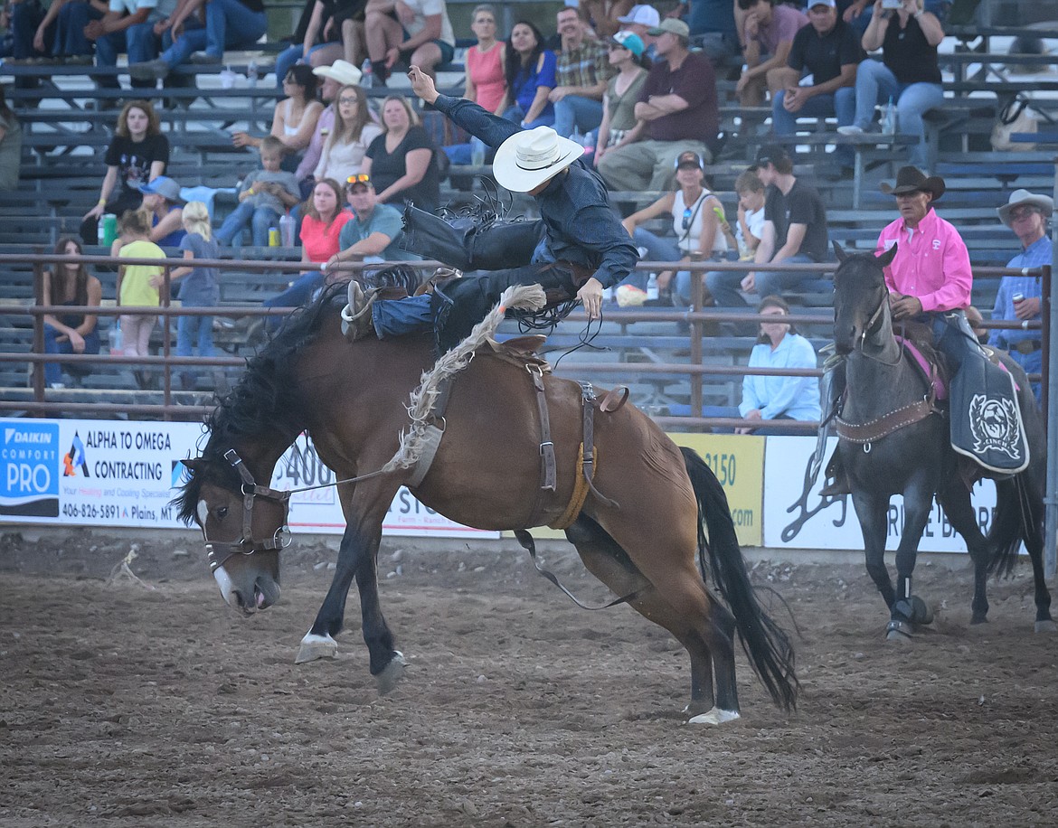 Bronc rider Hunter Haskins from Superior at the Sanders County Fair Rodeo. (Tracy Scott/Valley Press)