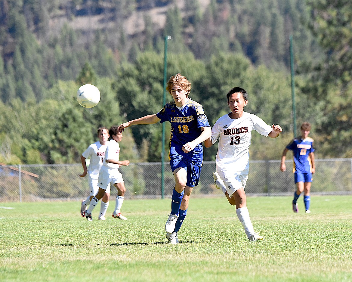 Libby's Isaiah Barks chases a loose ball against Frenchtown Saturday, Aug. 31, 2024. Barks scored a goal in Libby's 6-1 win. (Scott Shindledecker/The Western News)