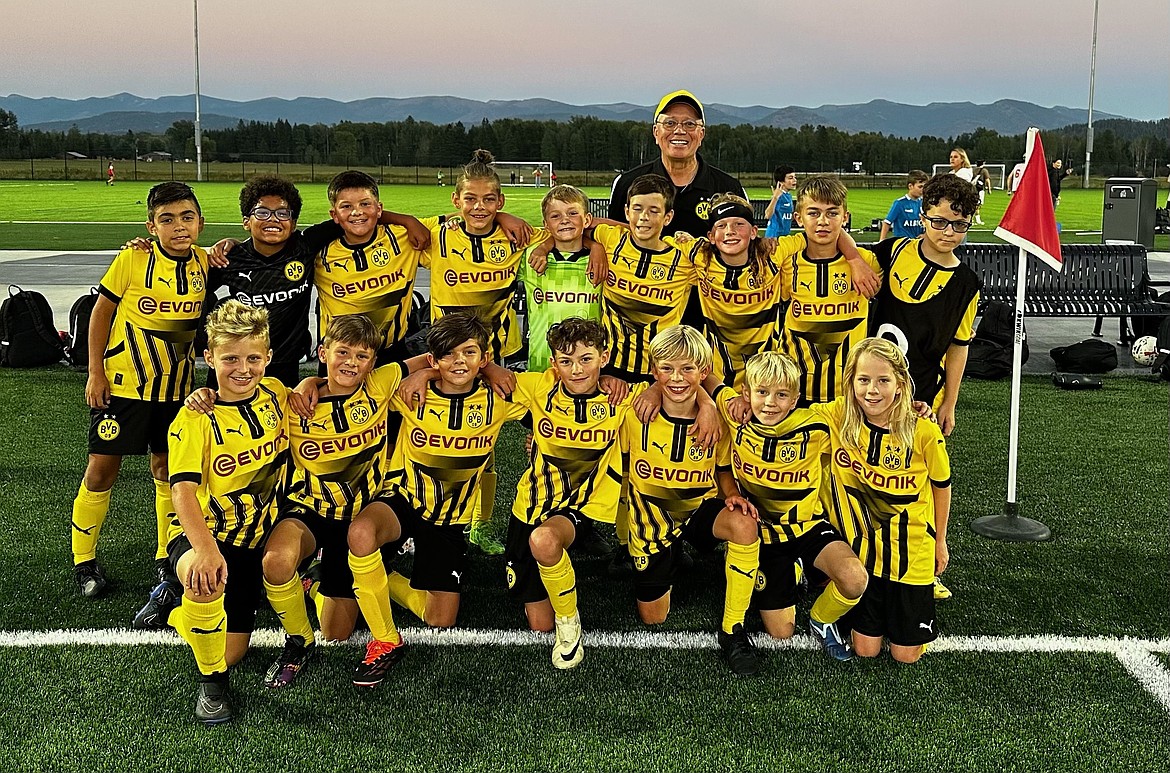 Courtesy photo
The BVB International Academy CDA boys U11/12 soccer team was invited by ALBION SC Idaho of Sandpoint to help celebrate the grand opening of the Field of Dreams complex in Ponderay last Thursday evening. A friendly match was played between the two teams and ended in a 2-2 draw. In the front row from left for BVBIA are Maverick Paine, Declan Cleave, Griffin Curry, Luke Johnson, Carter Dance, Isaac Estep and Stein Berk; and back row from left, Conrad Cortes, Aaron Tell, Rylan Nitti, Steele Steenstra, Ezra Herzog, Jack Harrison, Vincent Nyist, Luca Riley, Graysen Higgins and coach John O’Neil.