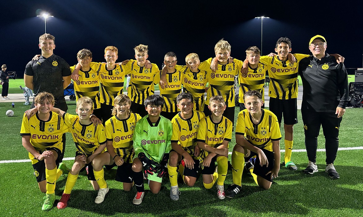 Courtesy photo
The BVB International Academy CDA boys U15 soccer team was invited by ALBION SC Idaho to help celebrate the grand opening of the Field of Dreams complex in Ponderay last Thursday evening. A friendly match was played between the two teams and ended in a 5-3 victory for BVB. In the front row from left for BVBIA are Michael Steffani, Caleb Wurster, Charlie Chadwell, Ethan Mateo Mariano, Dillon Matheson, Weston Borges and Logan Siahaya; and back row from left, coach Bailey O’Neil, Holden Loustalot, Soren Vedel, Elias Herzog, Carter Lloyd, Xavier Tierney, Jaxon Haynie, Bennett Anderson, Sebastian Guitron and coach John O’Neil.