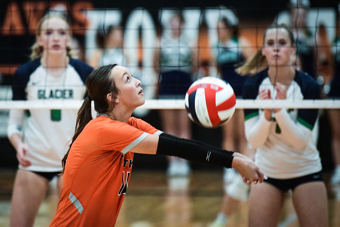 FLATHEAD'S KENDALL KRATOFIL (15) passes to a teammate during crosstown volleyball against Glacier at Flathead High School on Tuesday, Oct. 10. (Casey Kreider/Daily Inter Lake)