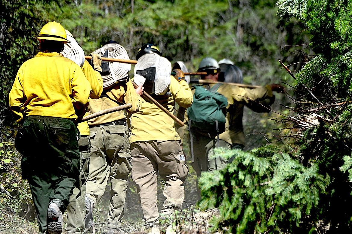 Kootenai National Forest Three Rivers District firefighters carry hose up a Kelly-humped road Wednesday, Sept. 4, 2024, on Cougar Ridge to battle a small wild fire. (Scott Shindledecker/The Western News)