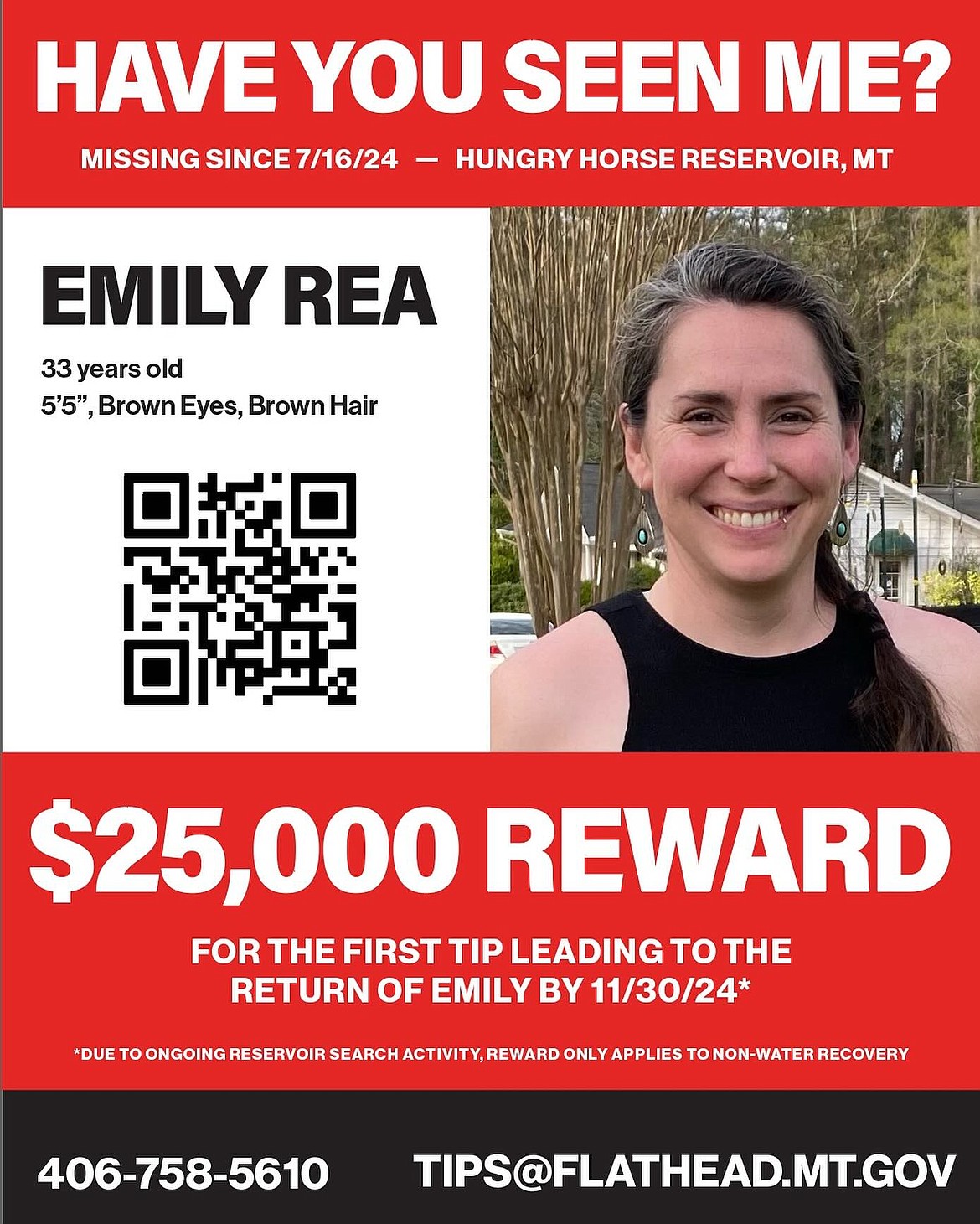 A missing persons flyer made by the family of Emily Rea, a 33-year-old West Glacier resident who was last seen in the Hungry Horse Reservoir on July 16, 2024. (photo provided)