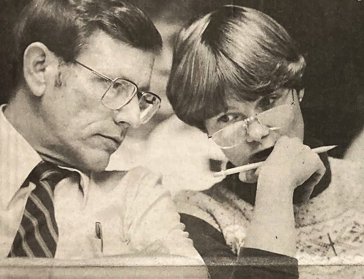 In 1984, D.F. (Dave) Oliveria’s first reporting assignment involved contentious contract negotiations between teachers and the Coeur d’Alene School District. Bob Haakenson, left, and Sandy Wright represented the teachers in those talks.