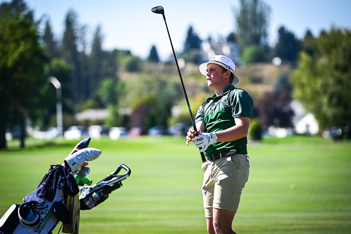 Glacier's Torren Murray watches his approach on the first fairway during the Crosstown Cup at Village Greens on Thursday, Sept. 5. (Casey Kreider/Daily Inter Lake)