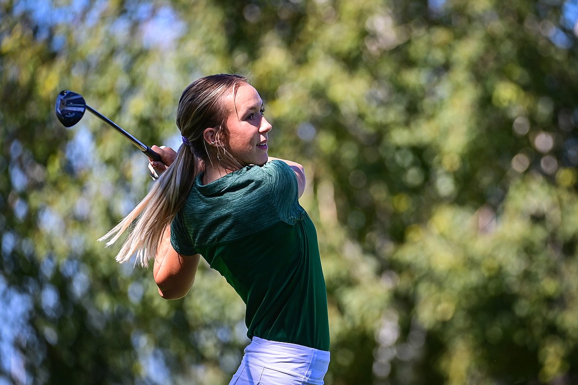 Glacier's Braelyn Ryan watches her drive off the first tee during the Crosstown Cup at Village Greens on Thursday, Sept. 5. (Casey Kreider/Daily Inter Lake)