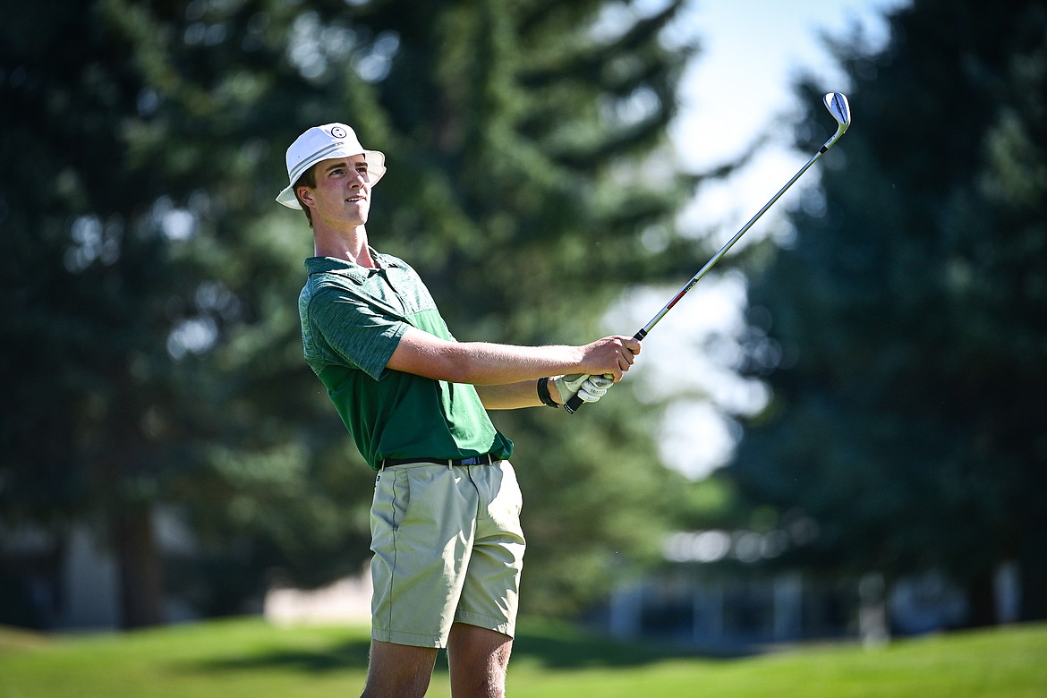 Glacier's Sam Engellant hits his approach on the second fairway during the Crosstown Cup at Village Greens on Thursday, Sept. 5. (Casey Kreider/Daily Inter Lake)