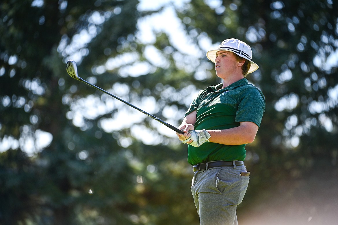 Glacier's Tanyon Murray watches his drive off the first tee during the Crosstown Cup at Village Greens on Thursday, Sept. 5. (Casey Kreider/Daily Inter Lake)