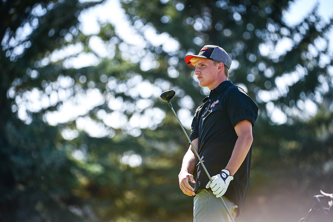 Flathead's Korbin Eaton watches his drive off the first tee during the Crosstown Cup at Village Greens on Thursday, Sept. 5. (Casey Kreider/Daily Inter Lake)