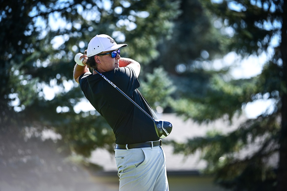 Flathead's Dylan Morris watches his drive off the second tee during the Crosstown Cup at Village Greens on Thursday, Sept. 5. (Casey Kreider/Daily Inter Lake)