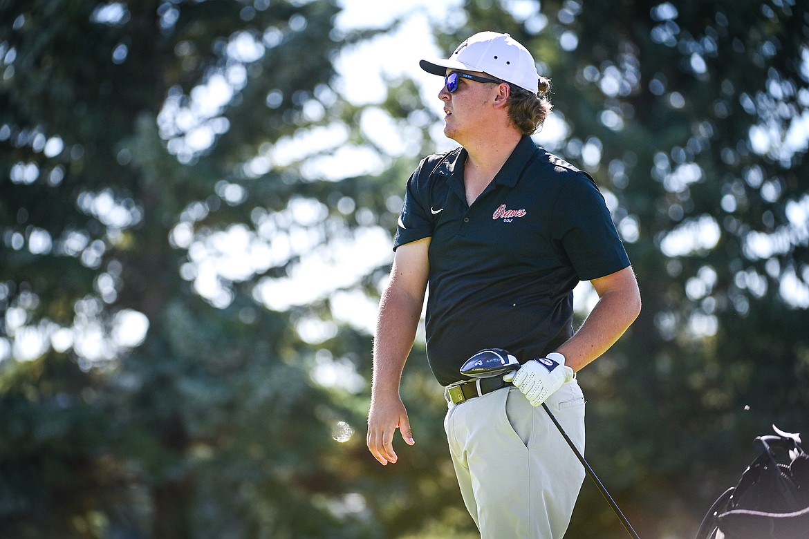 Flathead's Dylan Morris watches his drive off the first tee during the Crosstown Cup at Village Greens on Thursday, Sept. 5. (Casey Kreider/Daily Inter Lake)