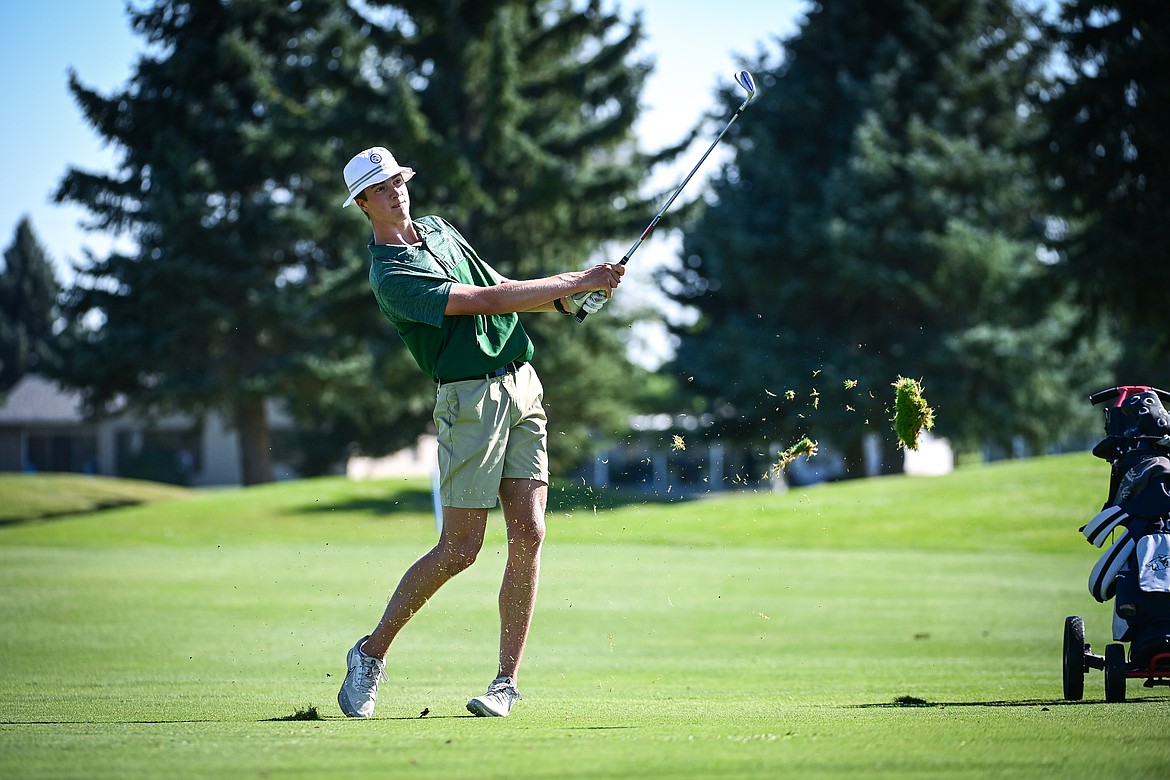 Glacier's Sam Engellant hits his approach on the second fairway during the Crosstown Cup at Village Greens on Thursday, Sept. 5. (Casey Kreider/Daily Inter Lake)