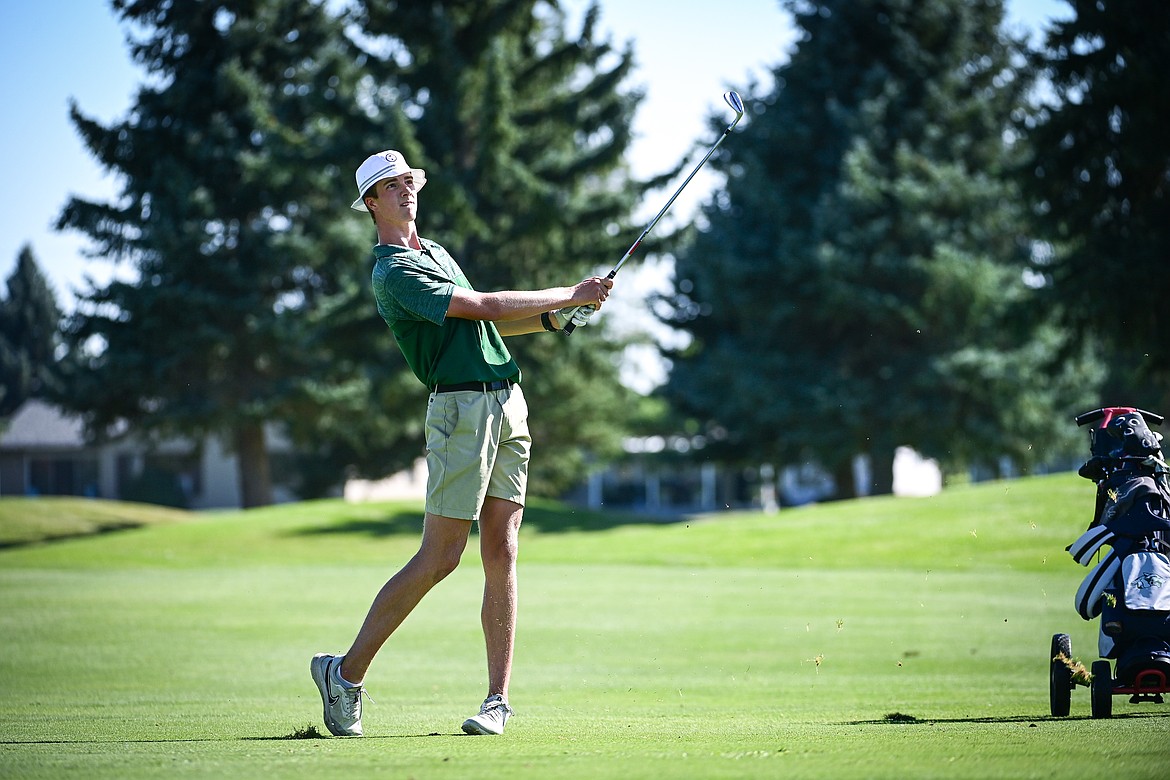 Glacier's Sam Engellant hits his approach on the second fairway during the Crosstown Cup at Village Greens on Thursday, Sept. 5. (Casey Kreider/Daily Inter Lake)