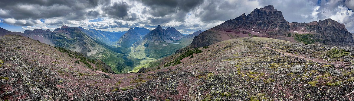 View of the Park Creek Valley with Statuary Mountain, Church Butte, Vigil Peak, Battlement Mountain, Lake Isabel, Mount Rockwell and Sinopah Mountain from the Two Medicine Pass Trail in Glacier National Park on Wednesday, Aug. 21. (Casey Kreider/Daily Inter Lake)