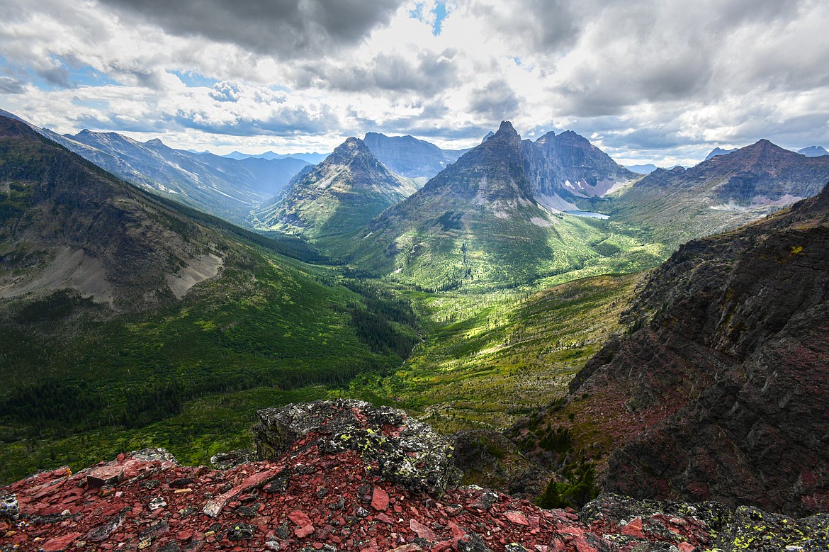 Looking down into the Park Creek Valley at Statuary Mountain, Vigil Peak and Lake Isabel from near Two Medicine Pass in Glacier National Park on Wednesday, Aug. 21. (Casey Kreider/Daily Inter Lake)