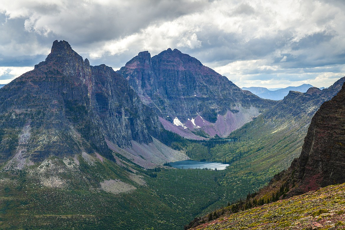 Vigil Peak, Battlement Mountain and Lake Isabel from the Two Medicine Pass Trail in Glacier National Park on Wednesday, Aug. 21. (Casey Kreider/Daily Inter Lake)