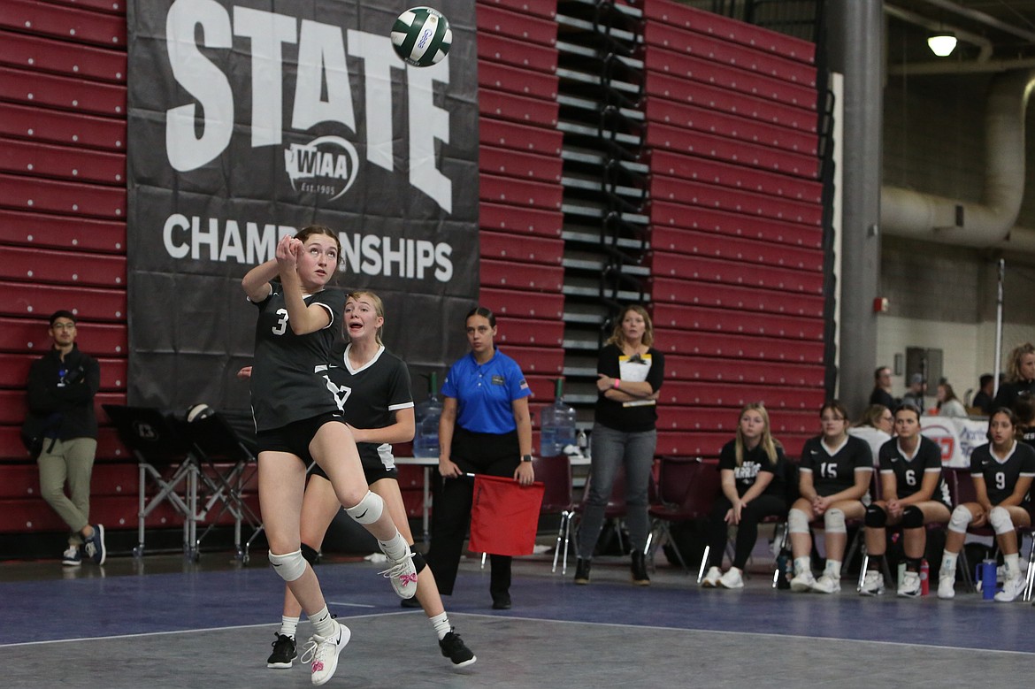 Almira/Coulee-Hartline senior Emma Whitaker (3) bumps the ball during a state tournament game in the 2023 season.