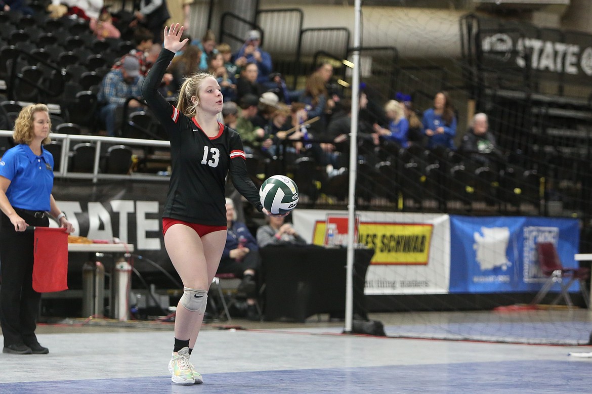 Lind-Ritzville/Sprague senior Madisyn Cameron begins to serve the ball during the 2B State Volleyball Tournament’s championship game in 2023.