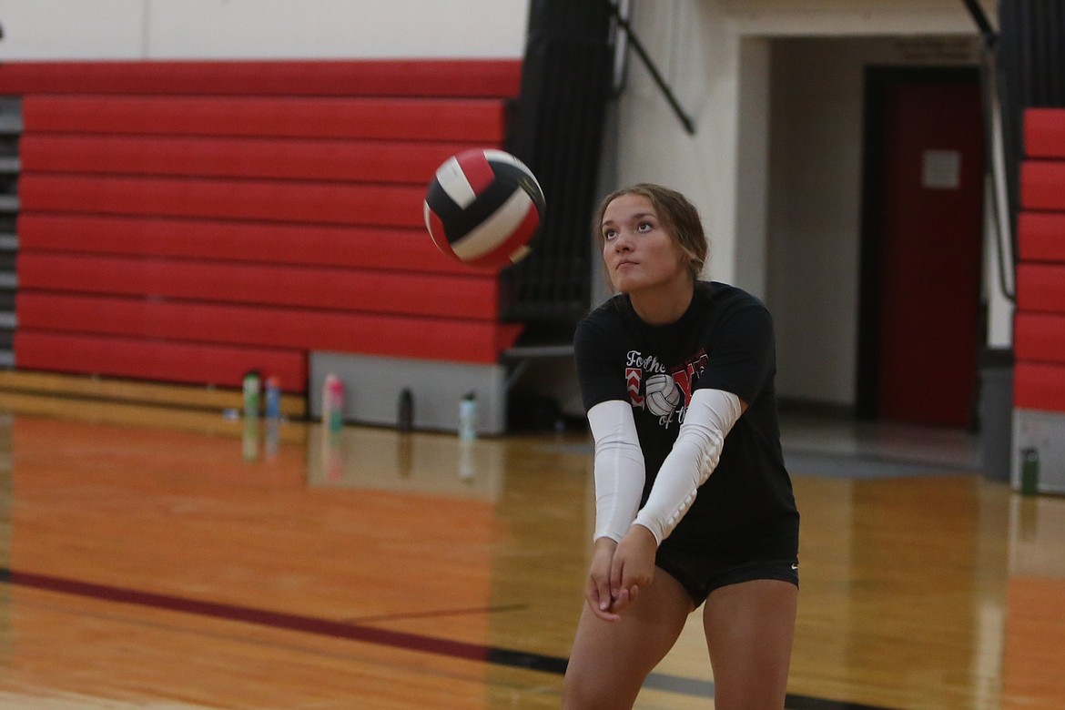 Lind-Ritzville/Sprague junior Saige Galbreath bumps the ball during practice Aug. 30. Galbreath is one of three Broncos returning this season who received all-league honors last fall.