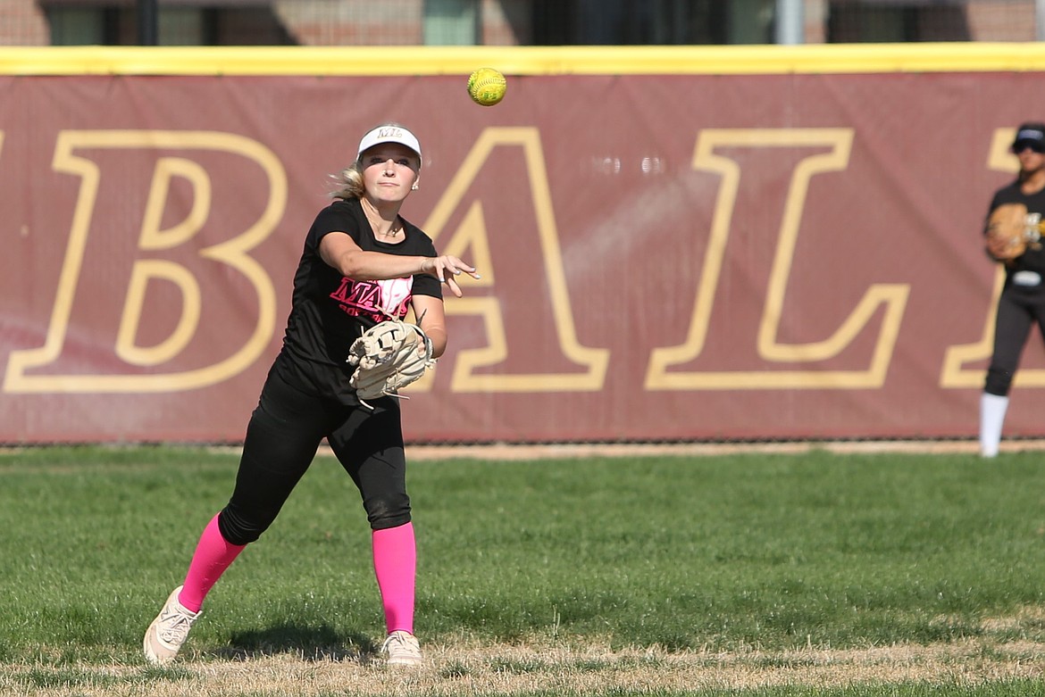 Moses Lake junior Lila Johnson throws a ball back toward the infield during a Sept. 3 practice.