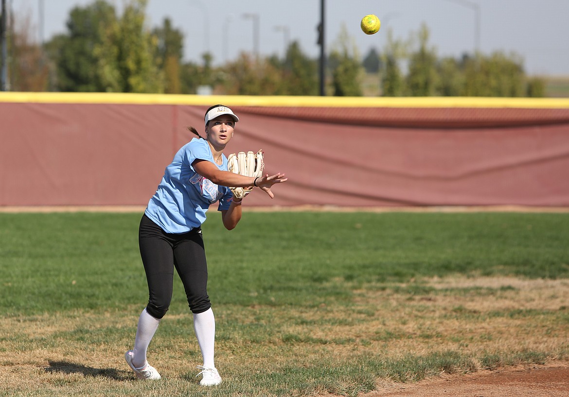 A Moses Lake player throws the ball to third base to record an out during a Sept. 3 practice.