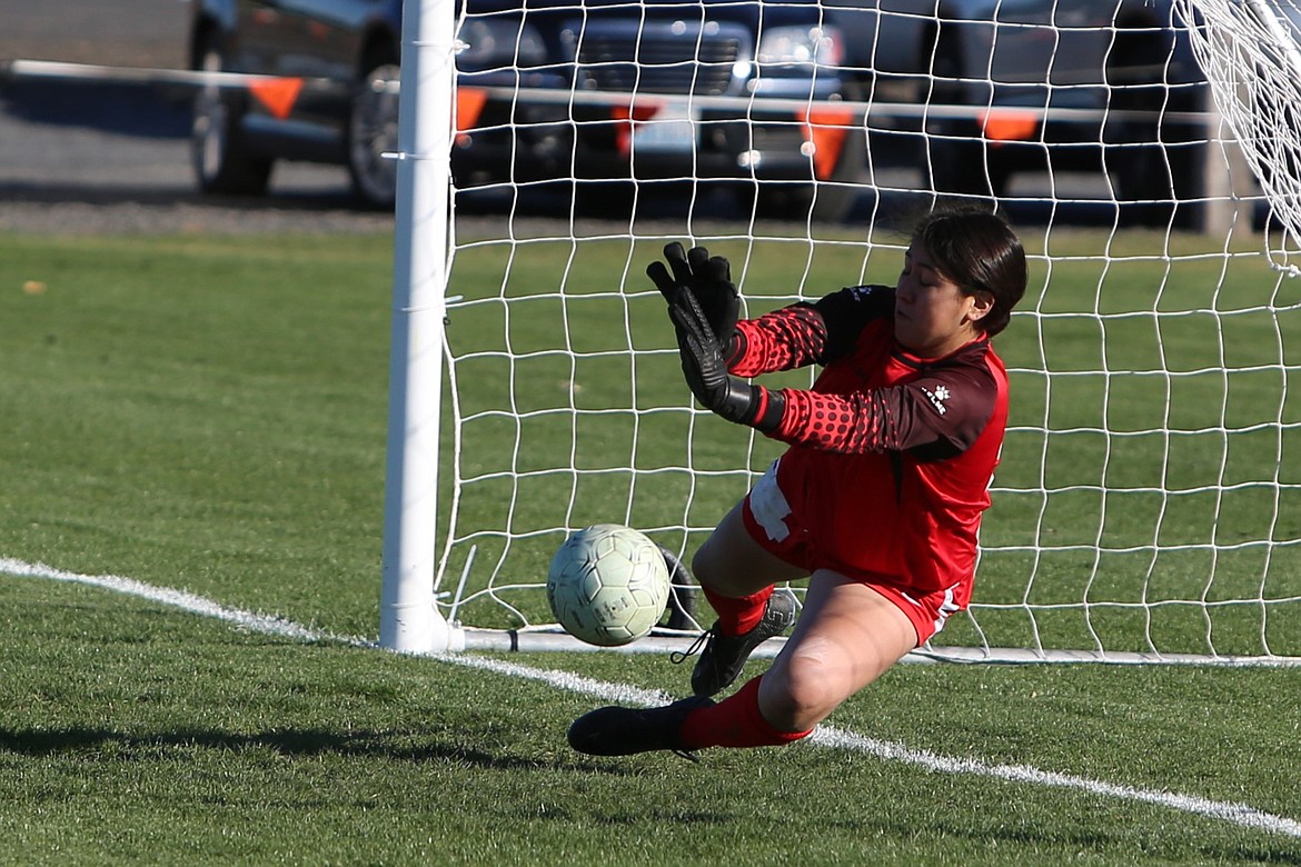 Othello senior Emi Pruneda saves a goal from being scored during the 2023 Central Washington Athletic Conference district tournament.