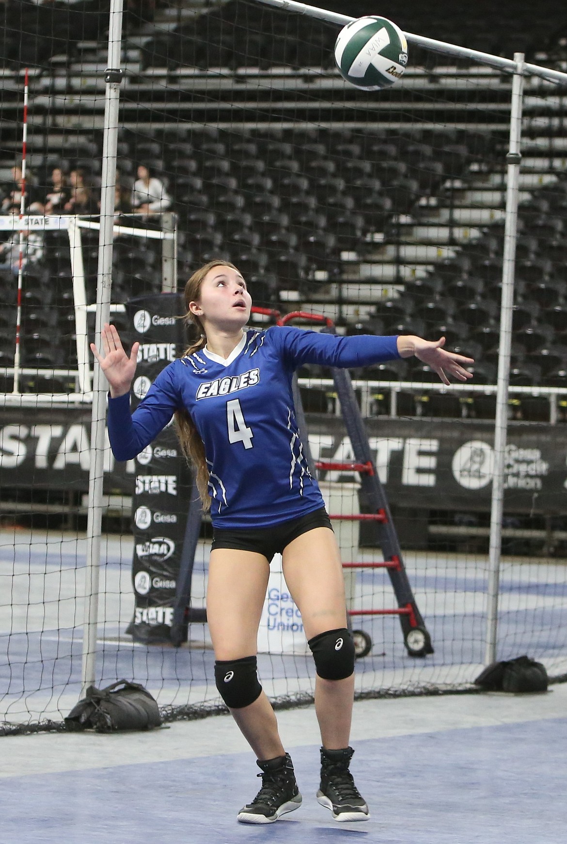 Soap Lake junior Sage Hart serves the ball during a state playoff game in 2023. The Eagles reached the 1B State Volleyball Tournament for the first time in more than 30 years last fall.