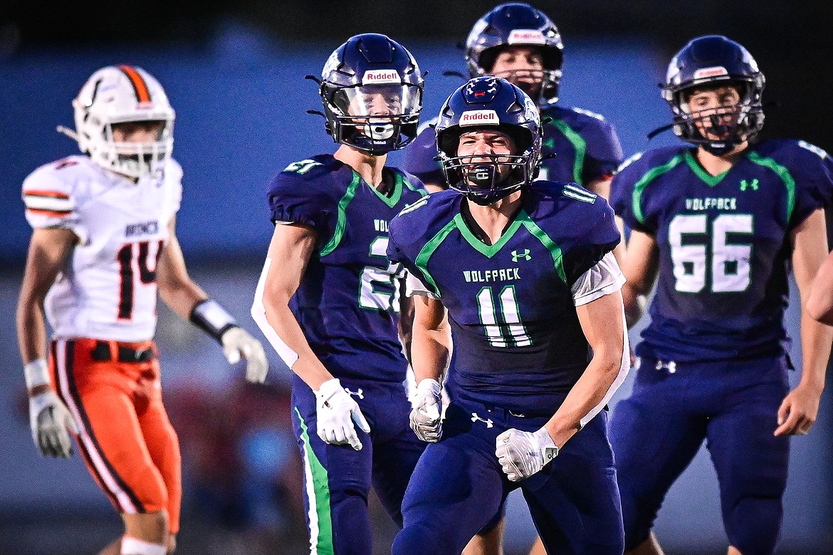 Glacier linebacker Asher Knopik (11) celebrates after a stop in the third quarter against Billings Senior at Legends Stadium on Friday, Sept. 6. (Casey Kreider/Daily Inter Lake)